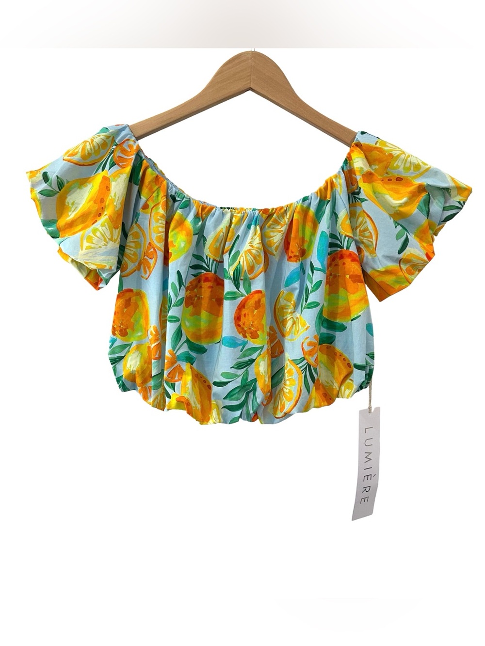 Lumiere Citrus off on shoulder bubble crop top S blue yellow orange NWT